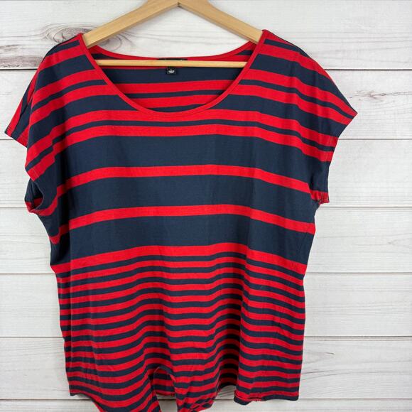 RXB Women's Navy Blue Red Striped Tie Knot Short Sleeve Top Size Large - Picture 2 of 7